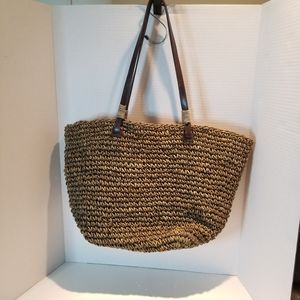WOVEN JUTE BAG PURSE LEATHER HANDLES TOTE.